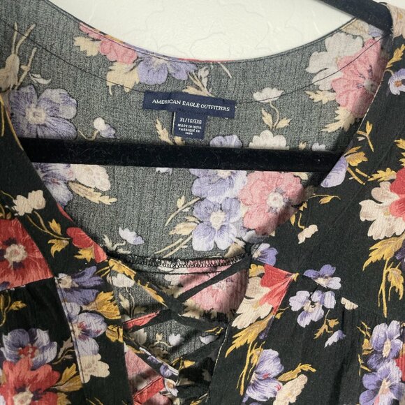 Peplum Top Floral V Neck Tie Drawstring Hipster Hippie Trendy Pullover Blouse - Picture 3 of 7